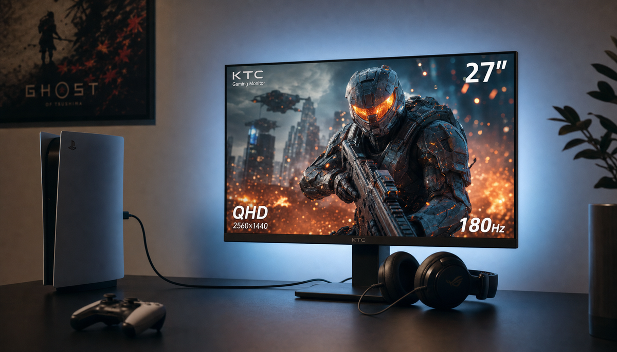 Gaming desk with console connected by HDMI to a monitor and a wired headset plugged into the headphone jack