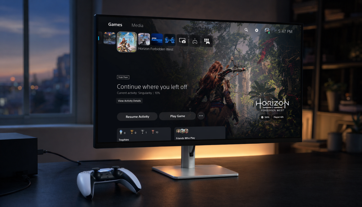 Gaming monitor connected to a console via HDMI showing a game dashboard in a dark gaming room setup