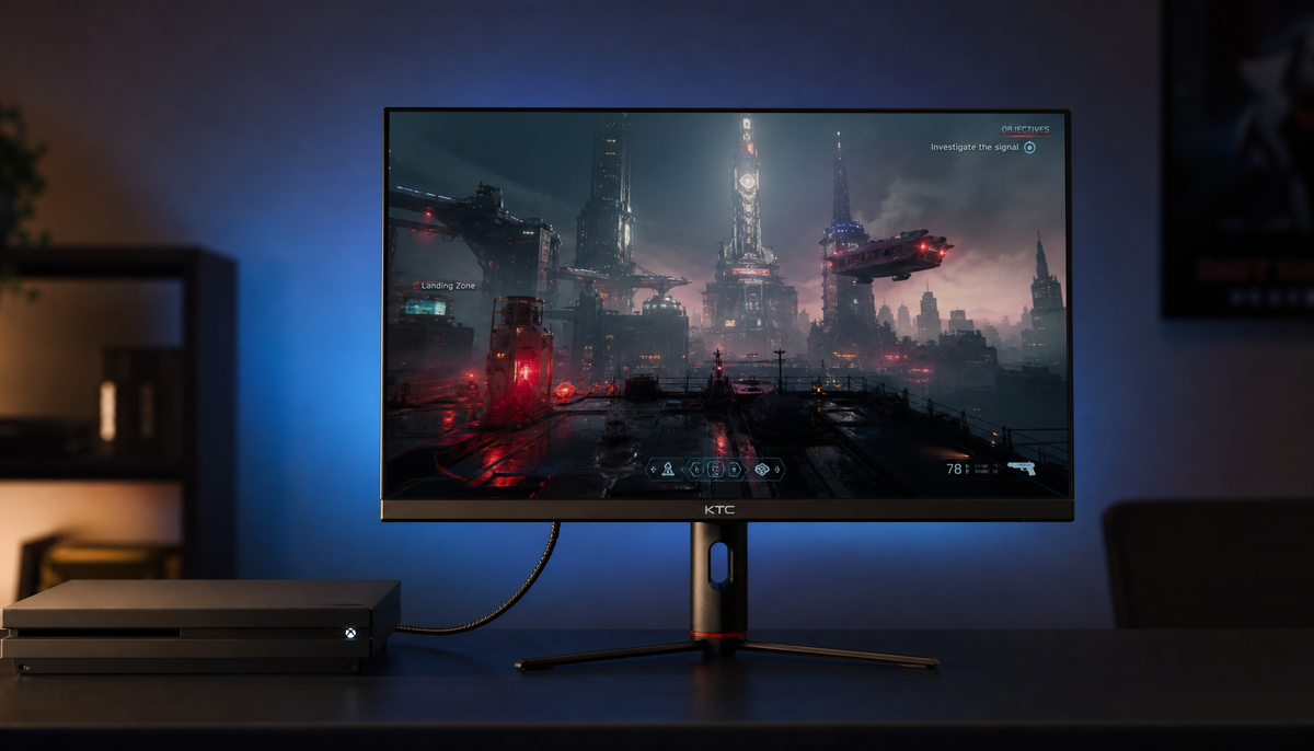 Gaming monitor displaying 4K content connected to a console via HDMI cable in a dark gaming room setup
