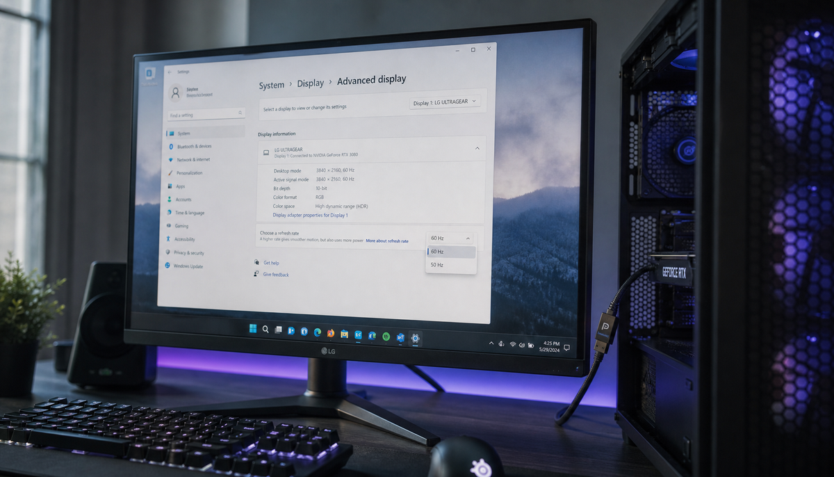 Gaming monitor displaying Windows Display Settings with refresh rate capped at 60Hz, connected via DisplayPort cable to a PC