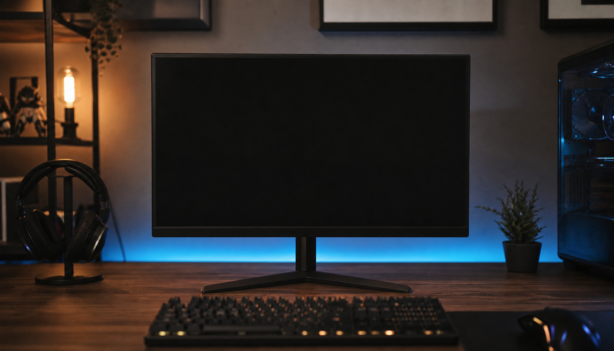 Gaming monitor displaying a brief black screen during full-screen application launch on a dark desk setup