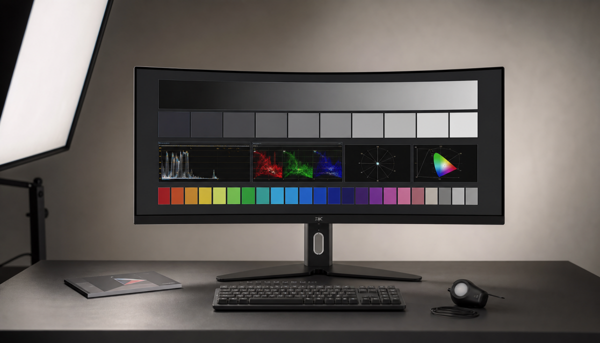 Gaming monitor displaying a color calibration interface with neutral gray ramps and color swatches on a clean desk