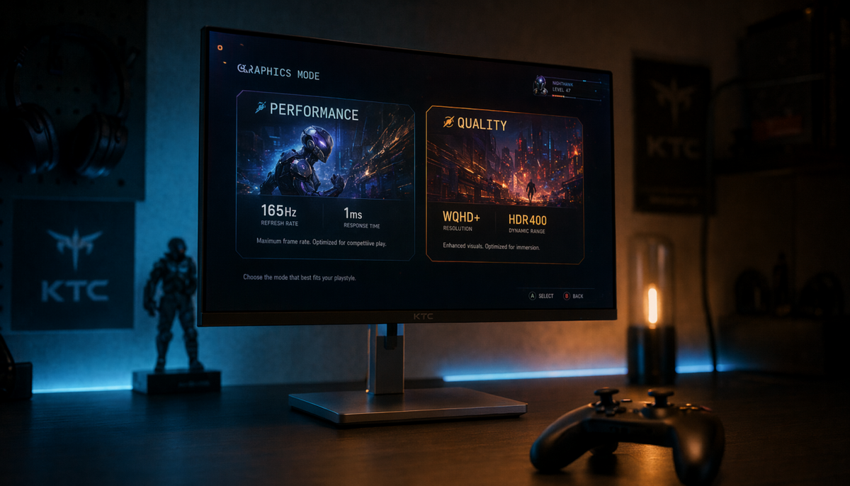 Gaming monitor displaying a console graphics mode selection menu with Performance and Quality options in a dark gaming setup
