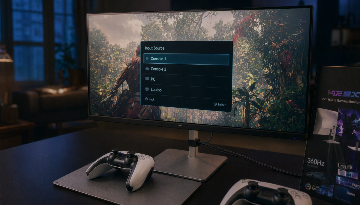 Gaming monitor displaying a custom-labeled OSD input menu with Console 1, Console 2, PC, and Laptop source options