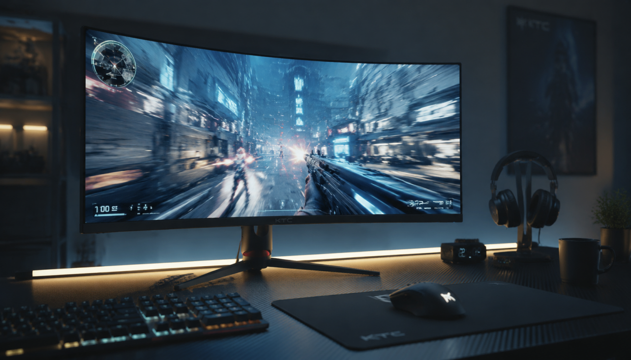 Gaming monitor displaying a fast-paced FPS game with a precision mouse setup, illustrating the importance of low-latency display settings