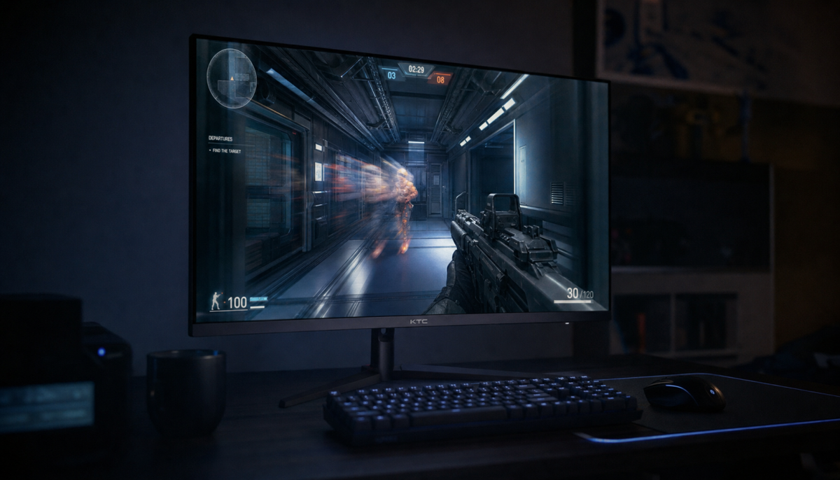 Gaming monitor displaying a fast-paced FPS scene with visible motion ghosting artifacts in a dark room