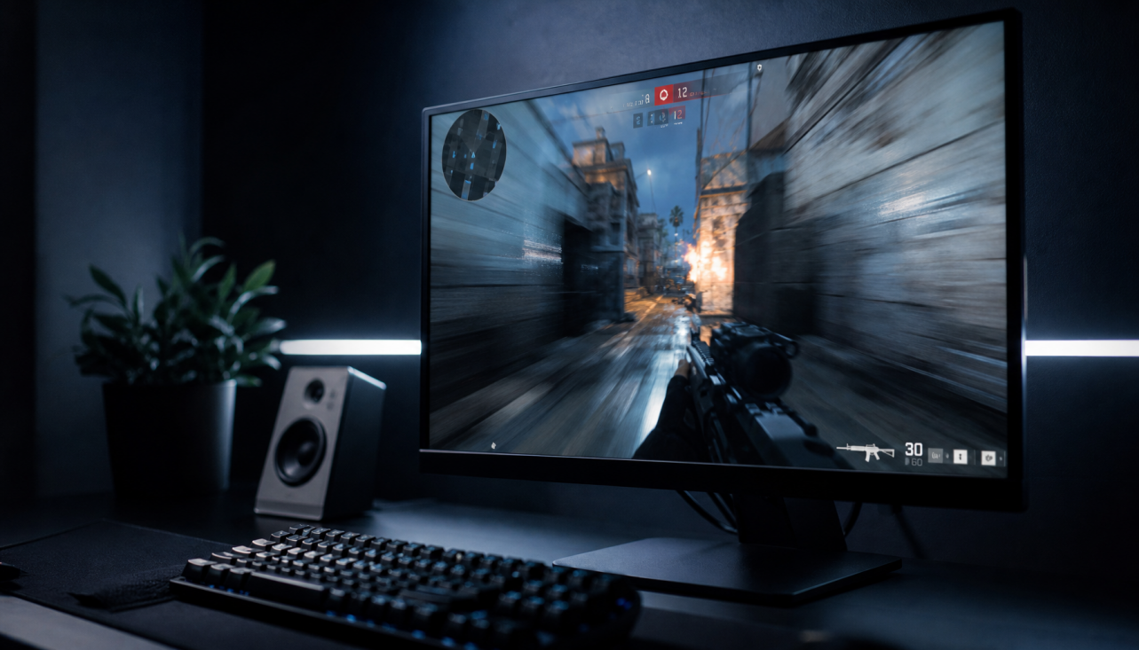 Gaming monitor displaying a fast-paced shooter illustrating frame-time variance and motion clarity