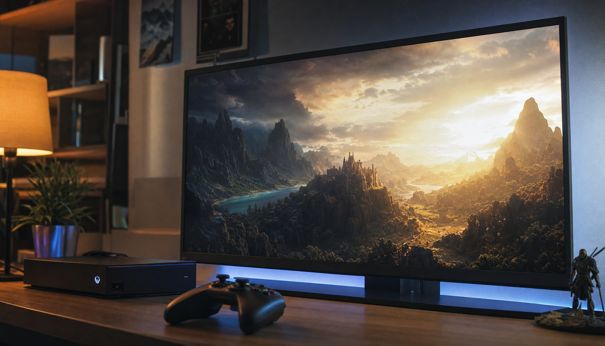 Gaming monitor displaying a high-contrast HDR scene with deep shadows and bright highlights, console and controller on the desk below