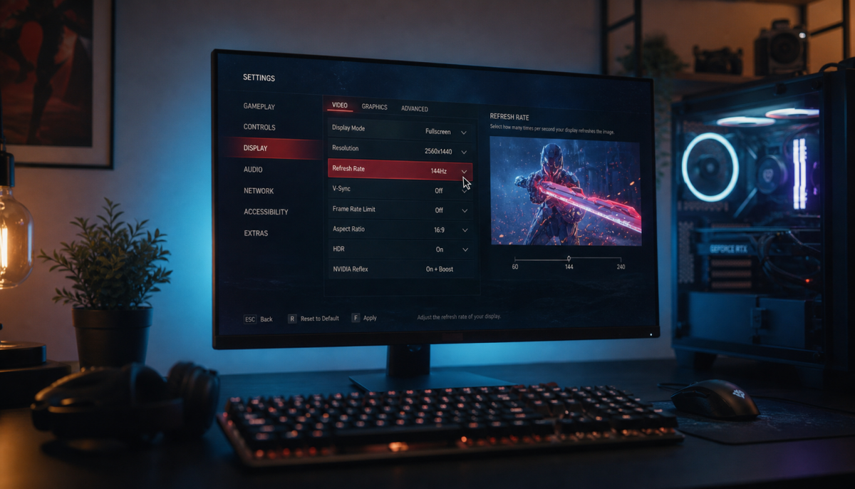 Gaming monitor displaying a settings menu, illustrating how refresh rate affects menu navigation responsiveness