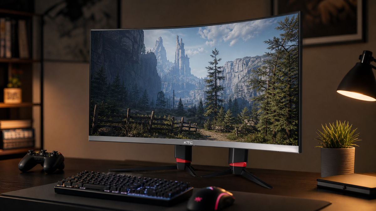 Gaming monitor displaying a sharply rendered scene with crisp edge detail, illustrating how supersampling improves image quality