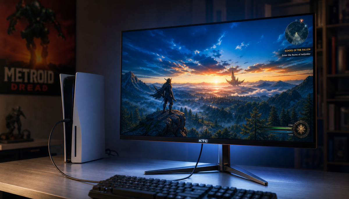 Gaming monitor displaying a smooth HDR sky gradient connected to a console via HDMI 2.1 cable