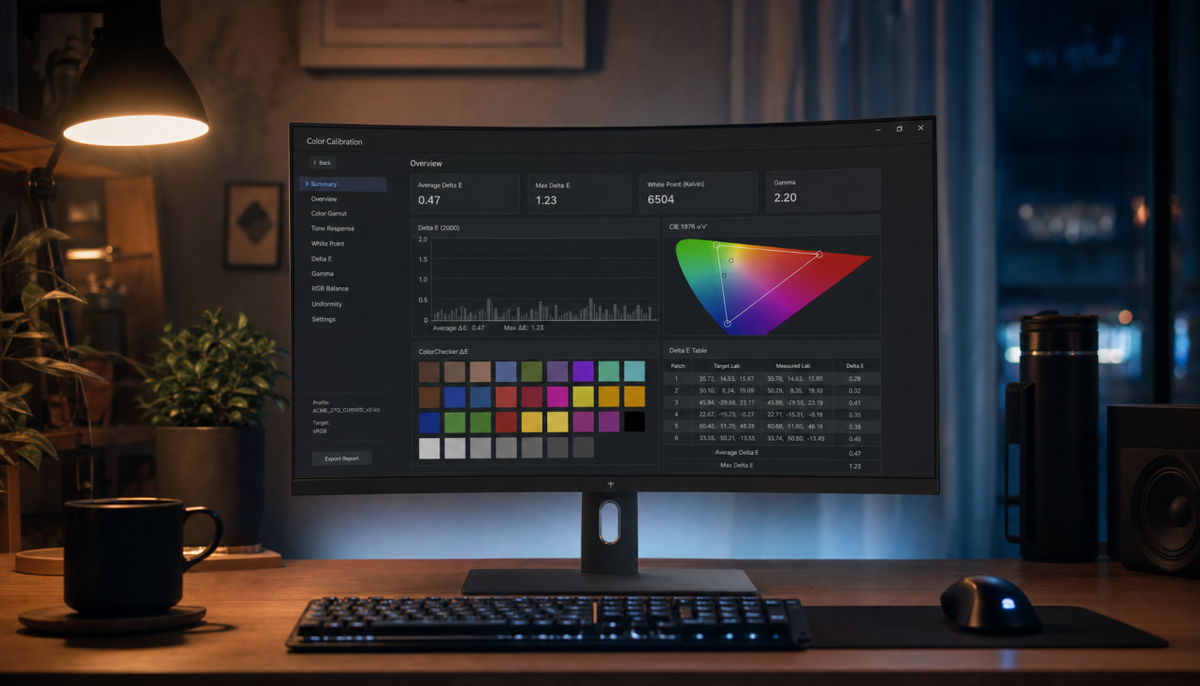 Gaming monitor displaying color calibration software with Delta E measurements on a desk in a home office at night