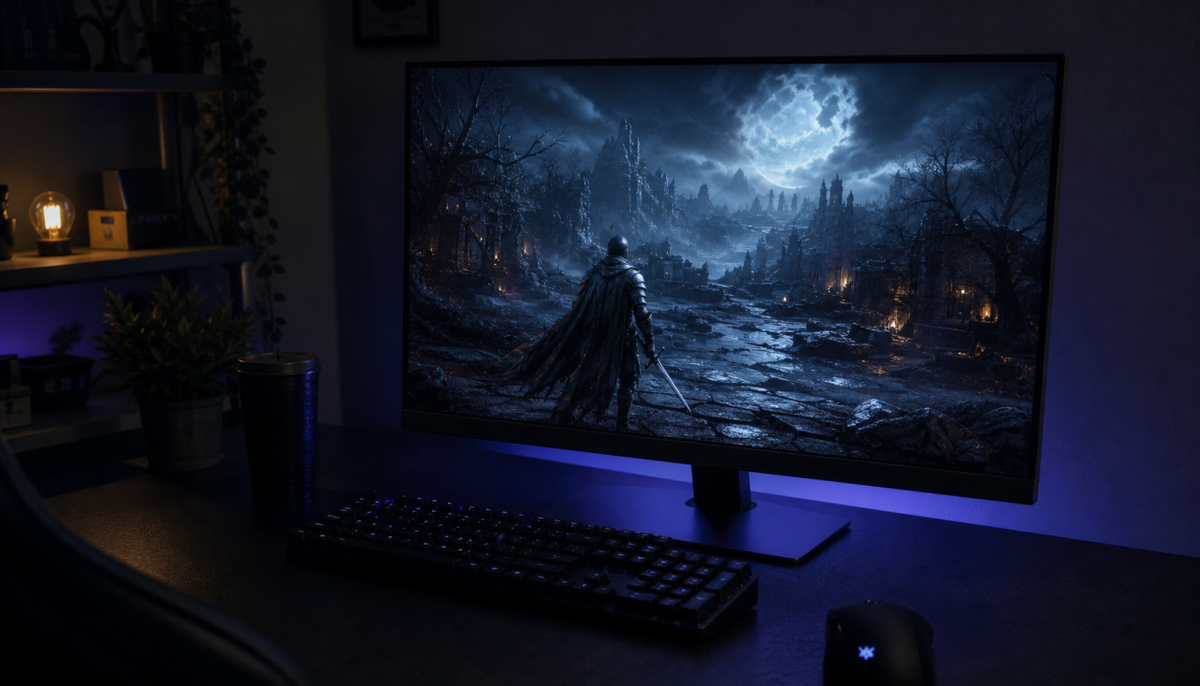 Gaming monitor displaying deep blacks in a dark room, illustrating how viewing angle affects contrast perception