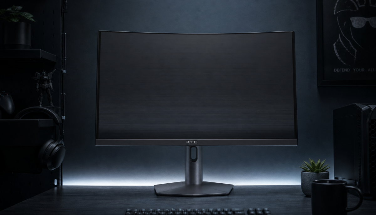 Gaming monitor displaying horizontal banding artifacts caused by motion blur reduction in a dark room