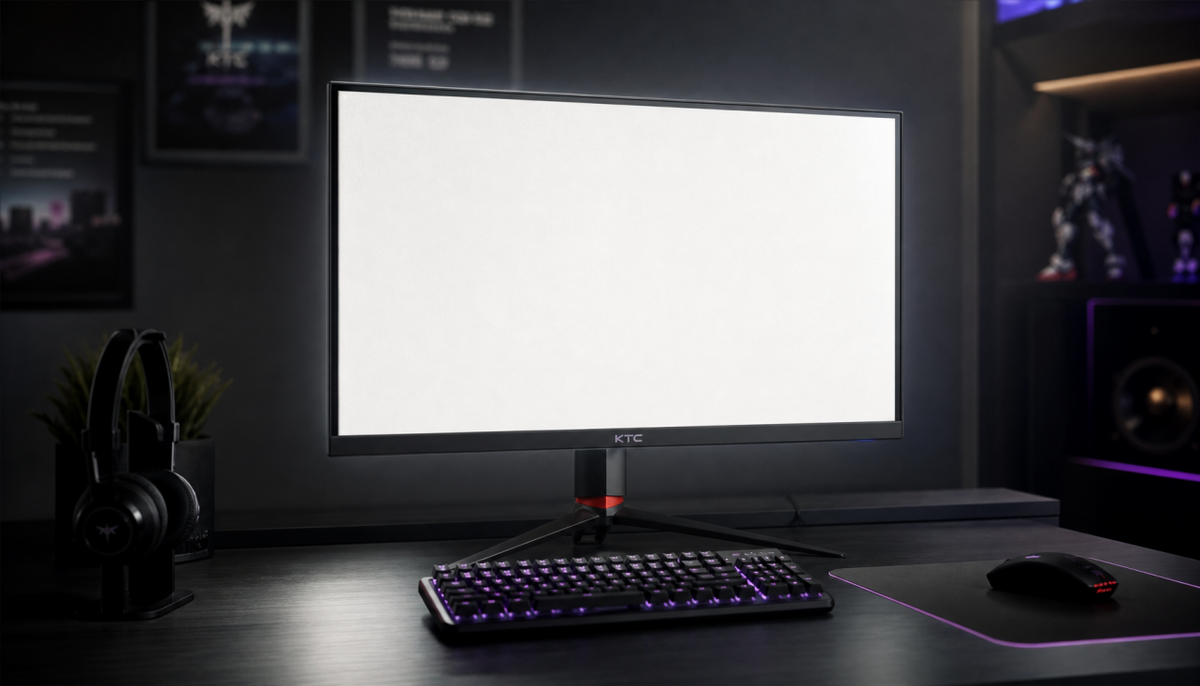 Gaming monitor glowing after power-on in a dark setup, illustrating warm-up time and startup behavior