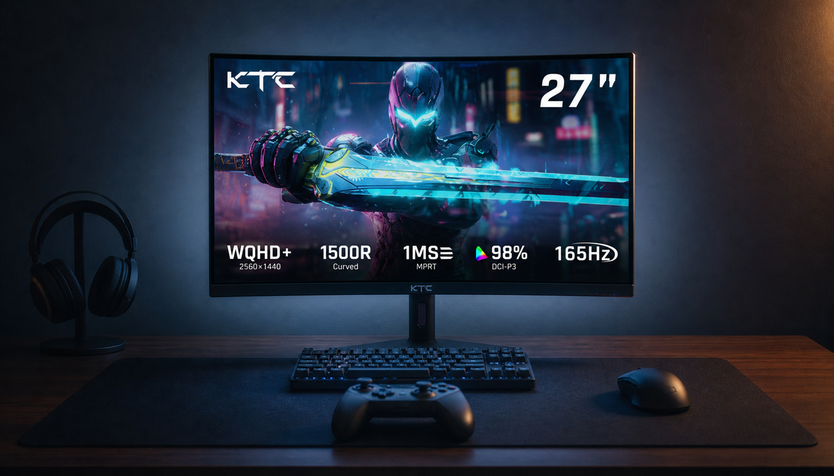 Gaming monitor glowing on a desk beside a console controller, representing console performance mode setup