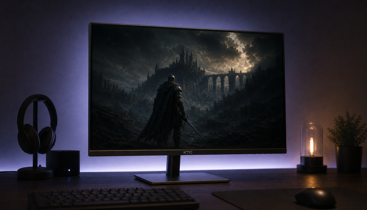 Gaming monitor in a dark room showing subtle backlight bleed at the screen corners and edges