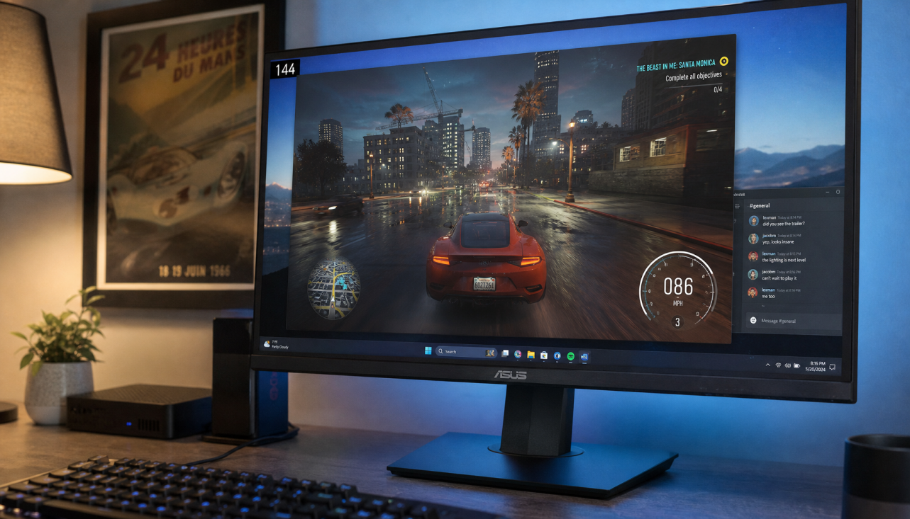 Gaming monitor in borderless windowed mode with desktop elements visible, illustrating why Adaptive Sync may fail to engage outside exclusive fullscreen