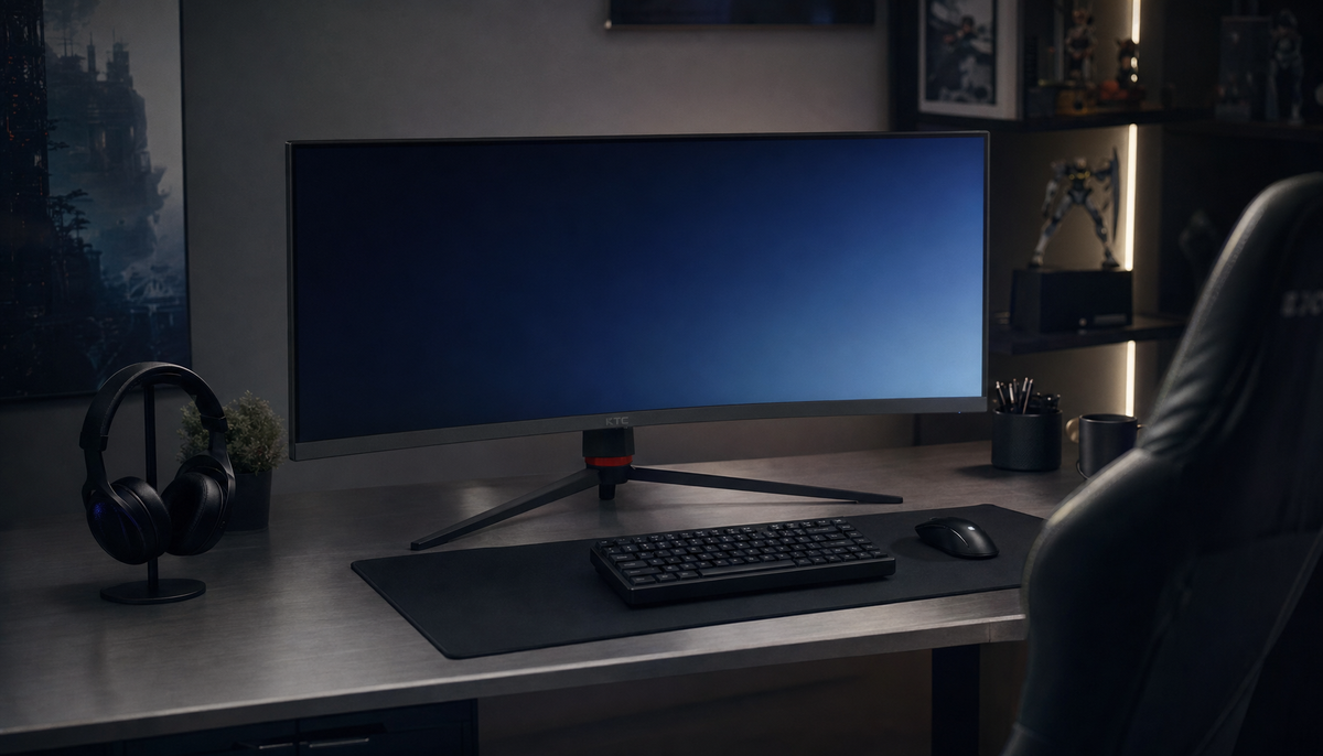 Gaming monitor on a dark desk displaying a near-black gradient, illustrating visible banding in dark scenes
