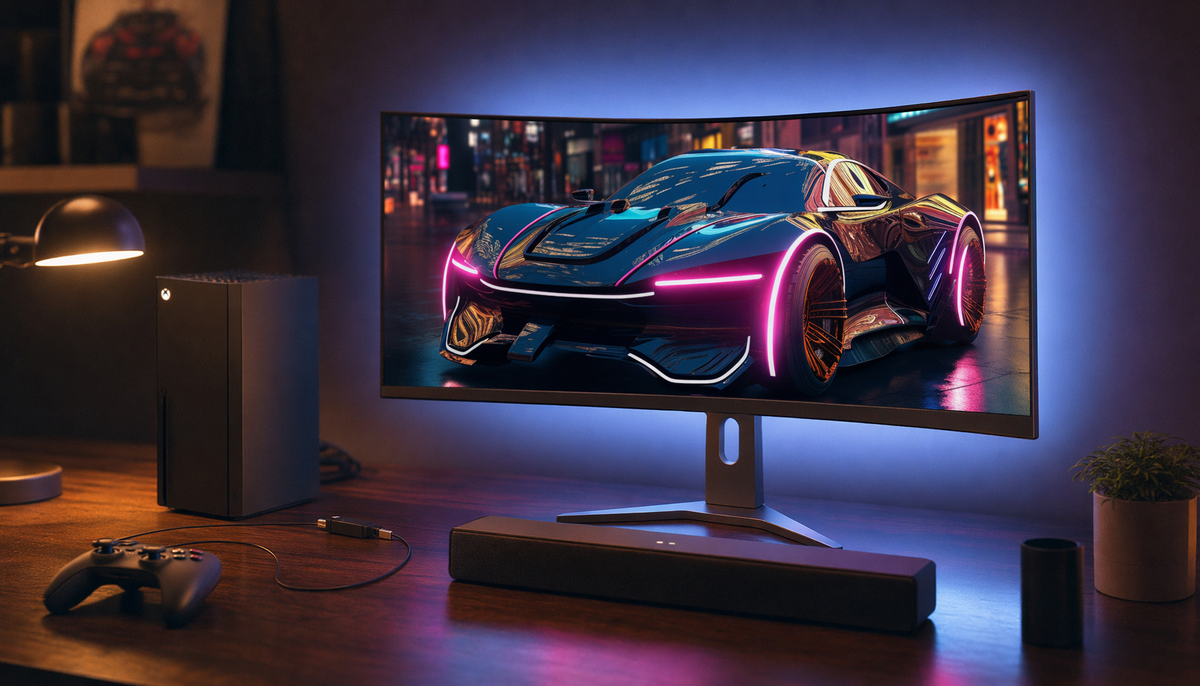 Gaming monitor on a desk connected to a game console with HDMI cable and a soundbar for immersive audio
