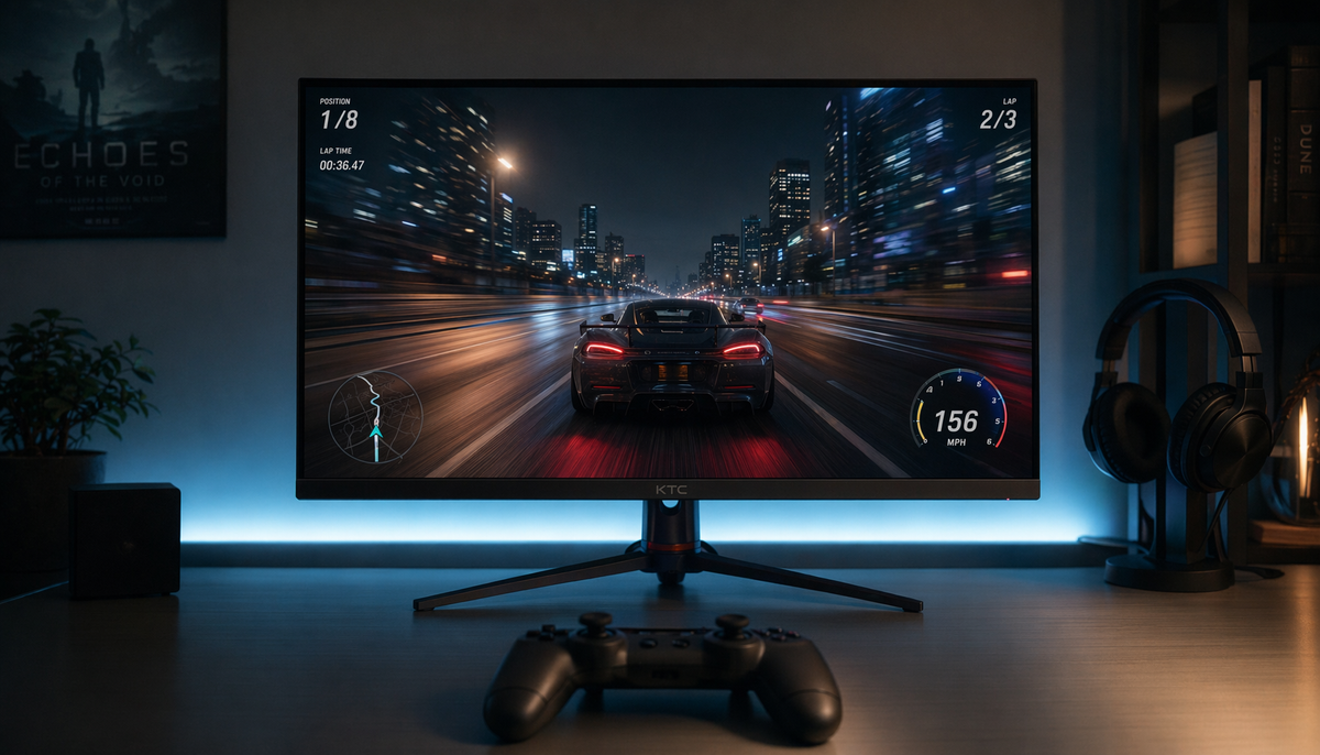 Gaming monitor on a desk showing a high-speed racing game with VRR enabled, console controller in foreground, backlit by teal LED ambient lighting