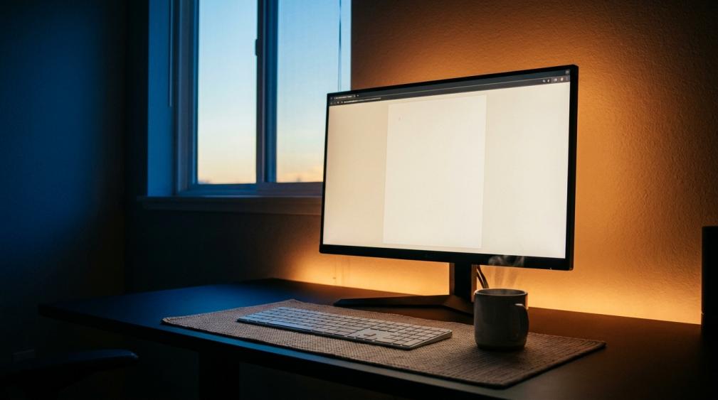 Gaming monitor on a home desk at dusk with warm bias lighting, showing comfortable brightness matched to ambient room light