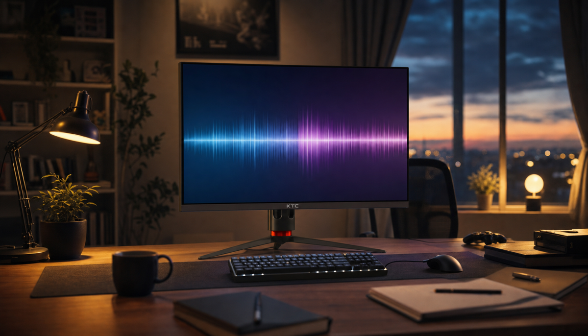 Gaming monitor on a home office desk showing the visual relationship between flicker, blue light, and eye strain