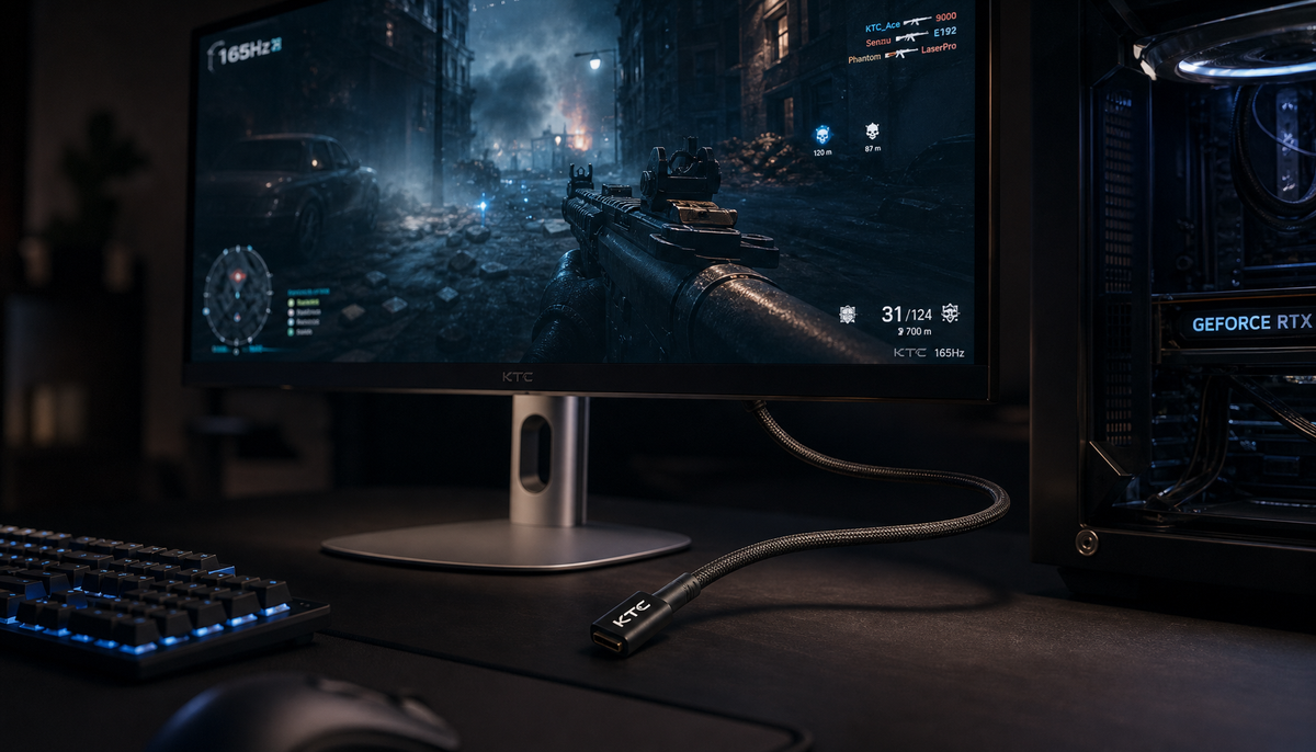 Gaming monitor setup showing a DisplayPort cable connected to a high-refresh-rate display on a dark desk