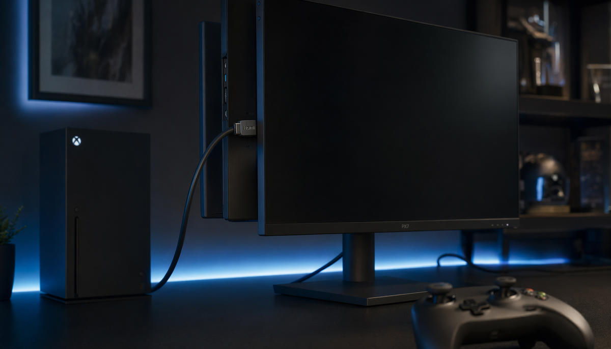 Gaming monitor showing a black screen during console input switching with an HDMI cable connected to a gaming console on a gaming desk