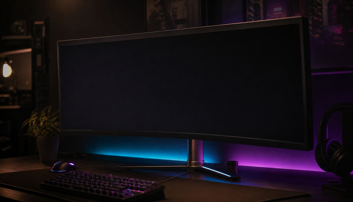 Gaming monitor showing a black screen flash mid-transition during an alt-tab switch from a fullscreen game