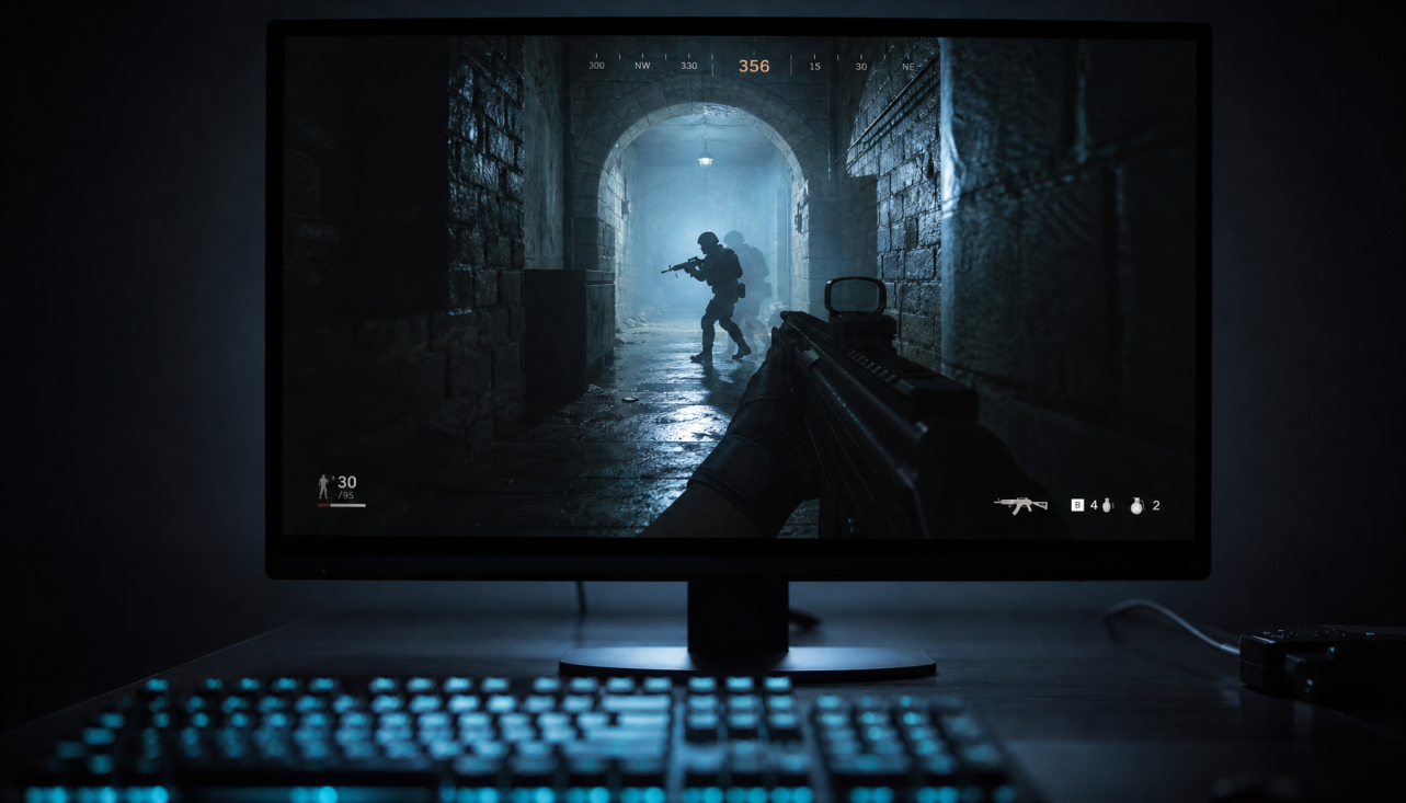 Gaming monitor showing a dark corridor scene with visible ghosting artifact behind a moving character, illustrating motion blur reduction side effects