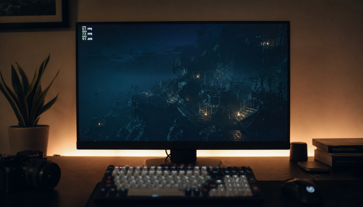 Gaming monitor showing a dark scene with Adaptive Sync enabled, illustrating potential brightness shifts during frame rate changes