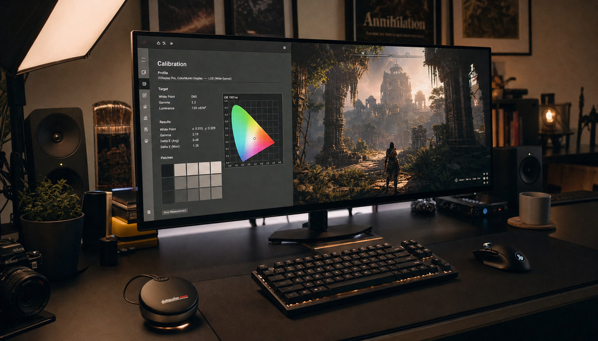 Gaming monitor showing calibration software and a game scene side by side on a professional desk workstation