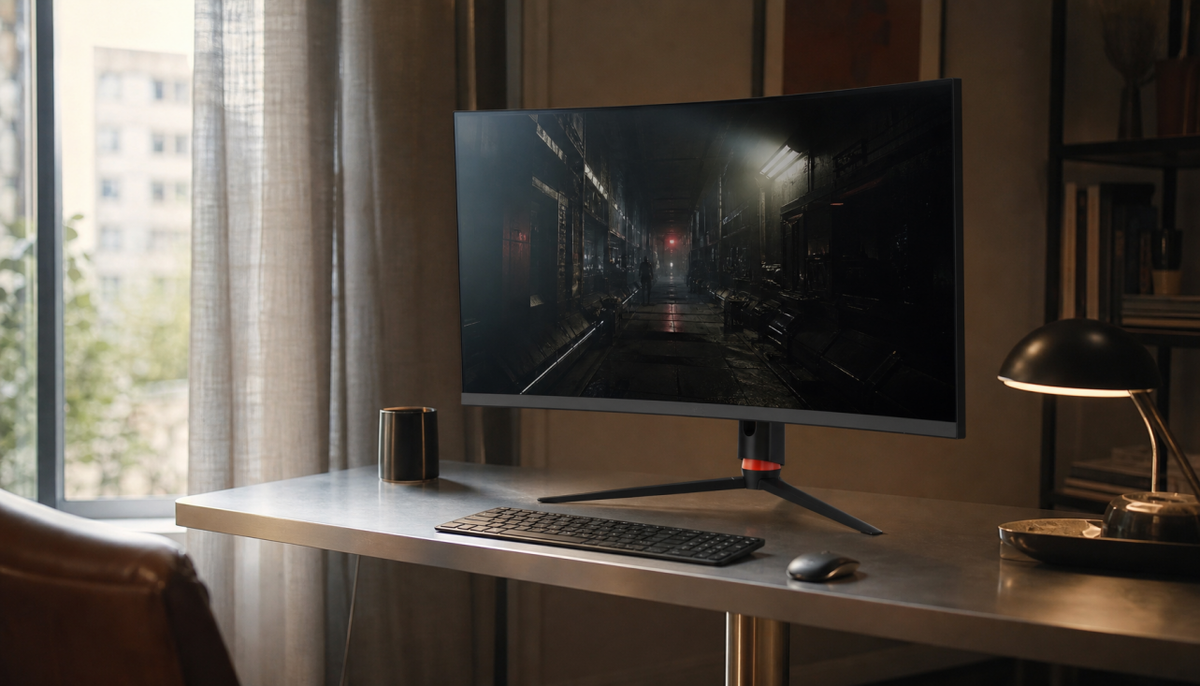Gaming monitor showing dark game scene in a living room with mixed ambient lighting from a side window