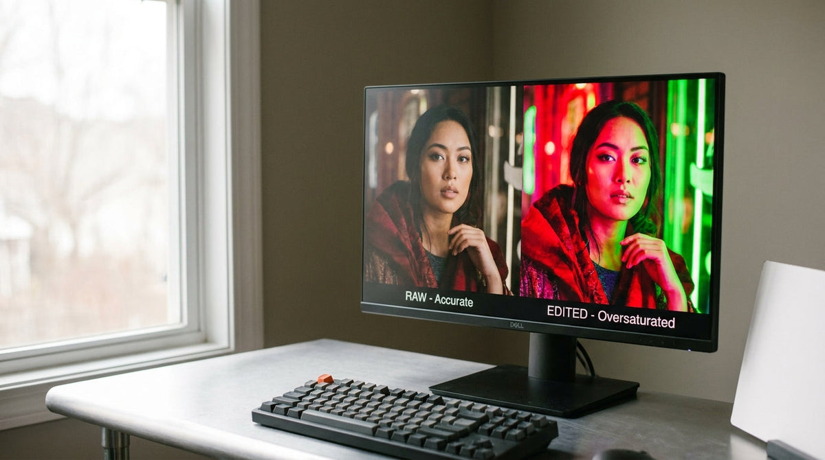 Gaming monitor showing side-by-side comparison of correctly calibrated versus oversaturated display output from the same camera photo