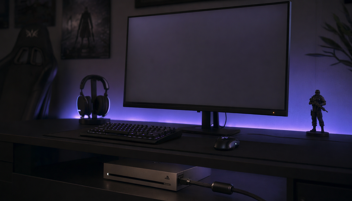 Gaming monitor waking from standby in a dark room while the console rests in the background