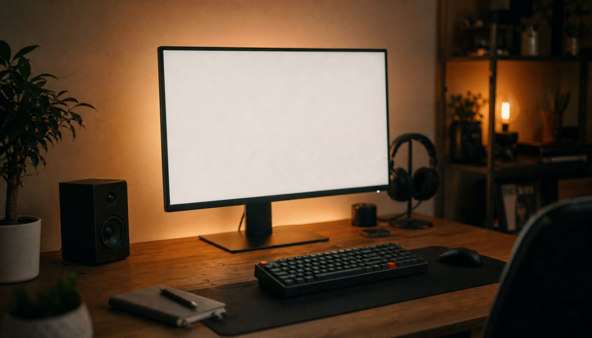Gaming monitor with soft bias lighting behind the display and no glare from ceiling fixtures