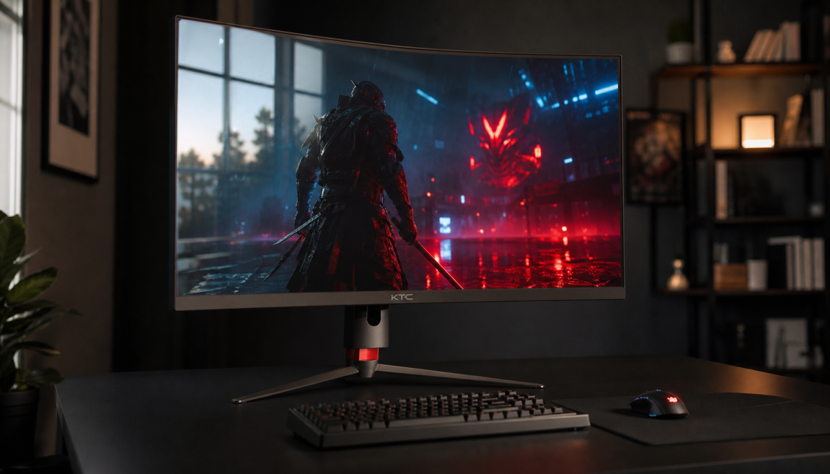 Glossy gaming monitor displaying vibrant color in a dim room, with a subtle window reflection visible on the panel surface
