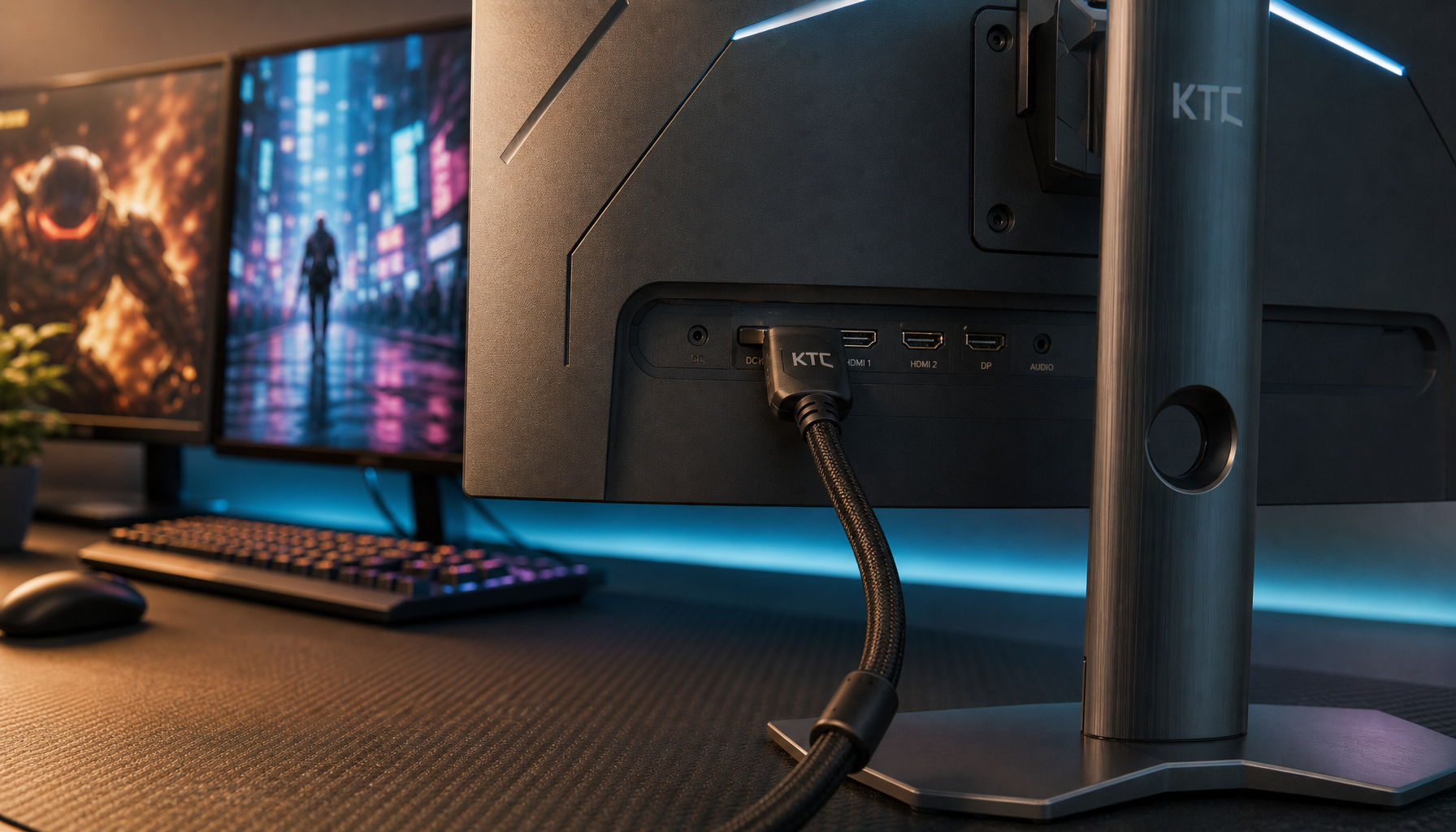 HDMI cable plugged into the back of a gaming monitor on a desk setup