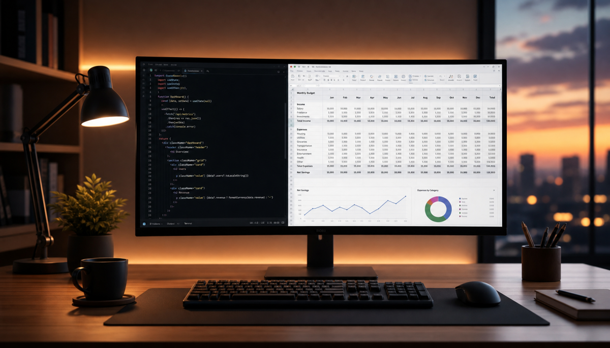 HDR monitor showing dark mode code editor alongside bright spreadsheet in a home office setup