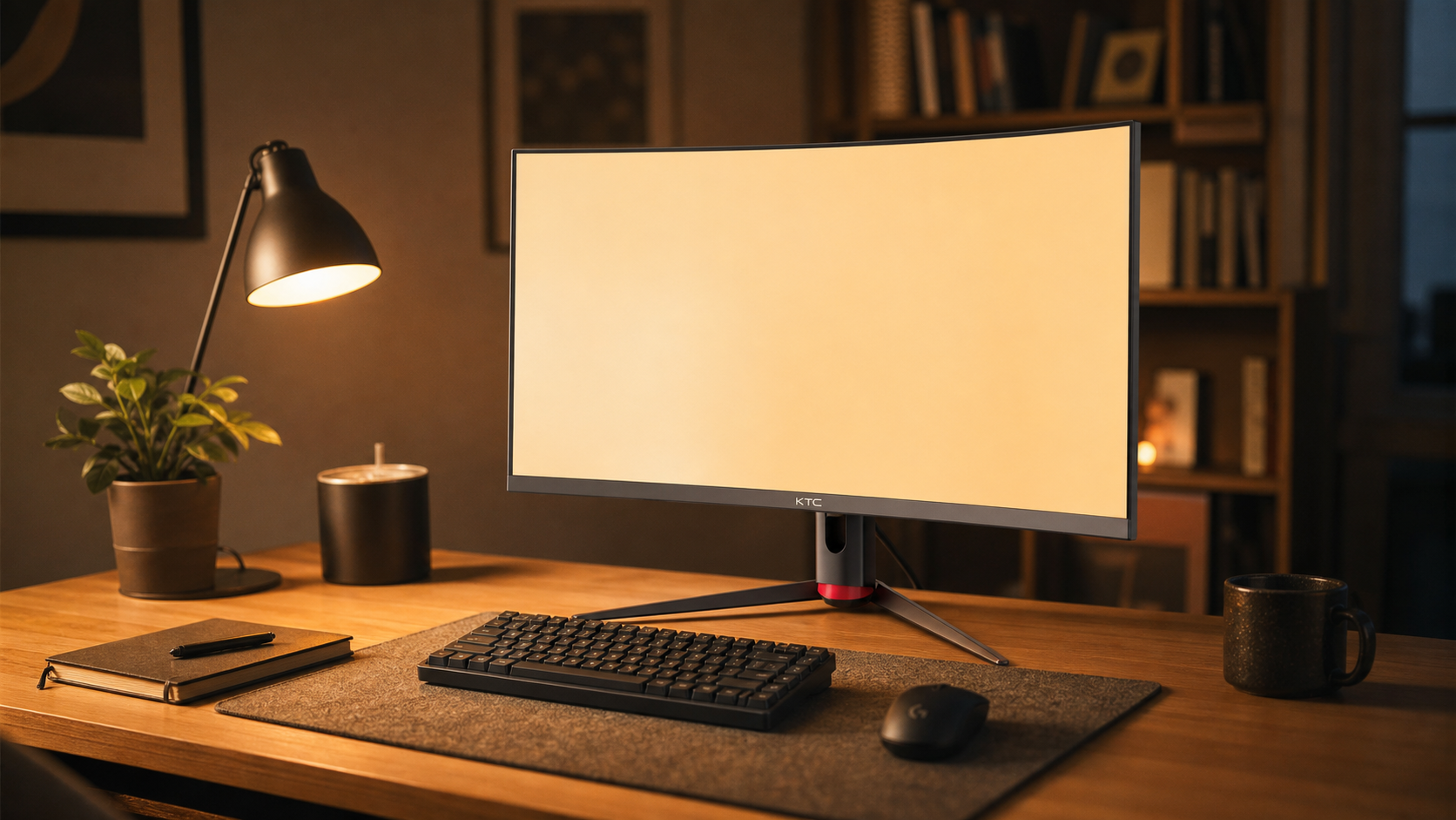 Home desk setup at night with a monitor displaying warm, low-blue-light tones alongside a soft desk lamp