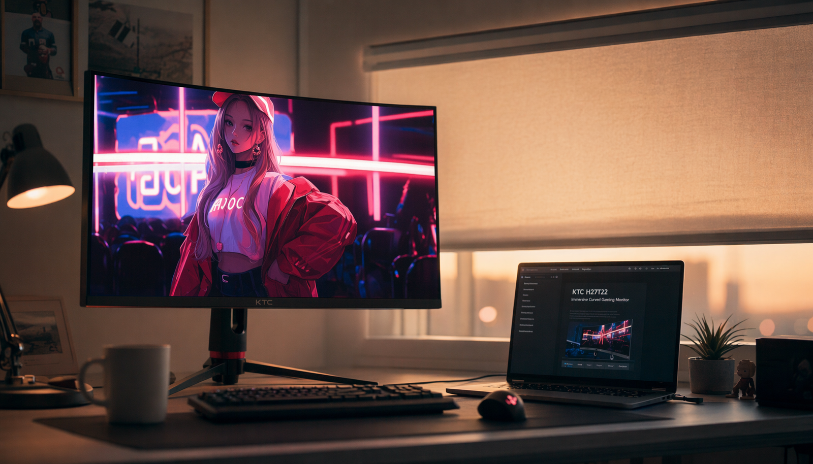 Home office desk with a bright gaming monitor and dim laptop side by side, illustrating the brightness difference that can cause eye strain