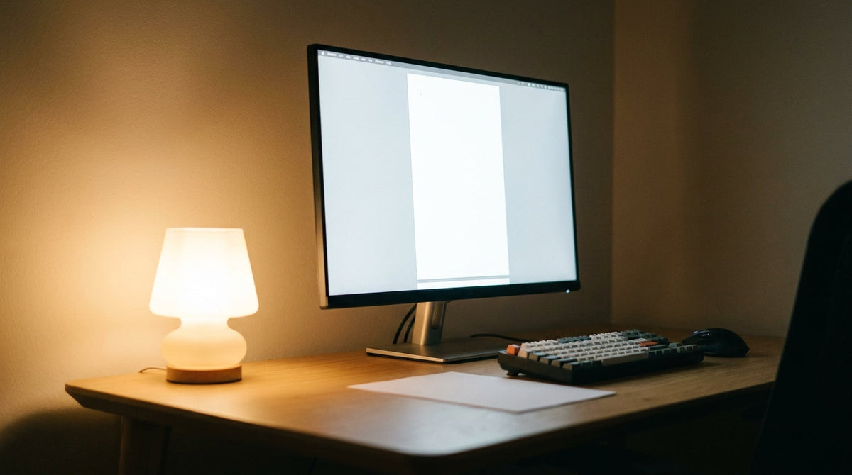 Home office desk with monitor brightness matched to a warm desk lamp, white document on screen beside a sheet of printer paper