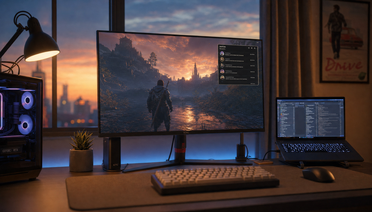 Hybrid desk setup showing a large monitor with a full-screen game and a small Picture-in-Picture notification window in the corner