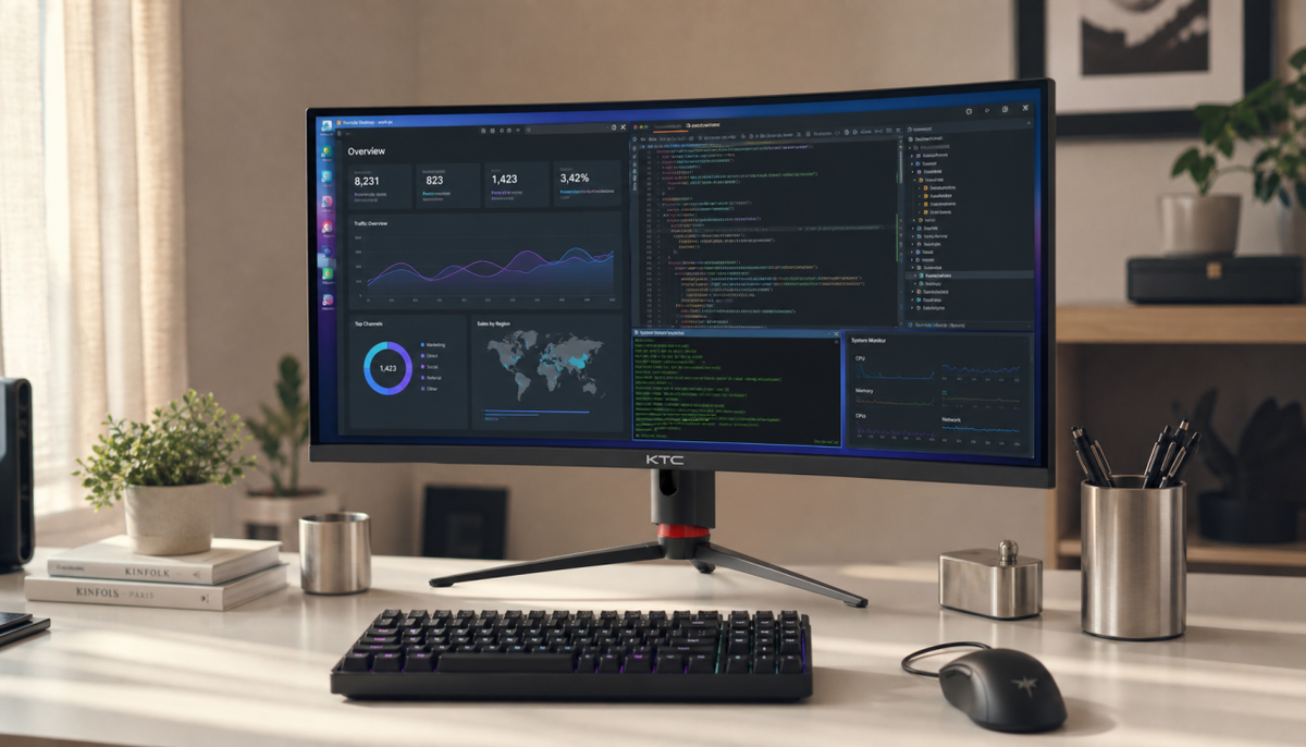 KTC monitor showing a remote desktop session in a clean home office setup