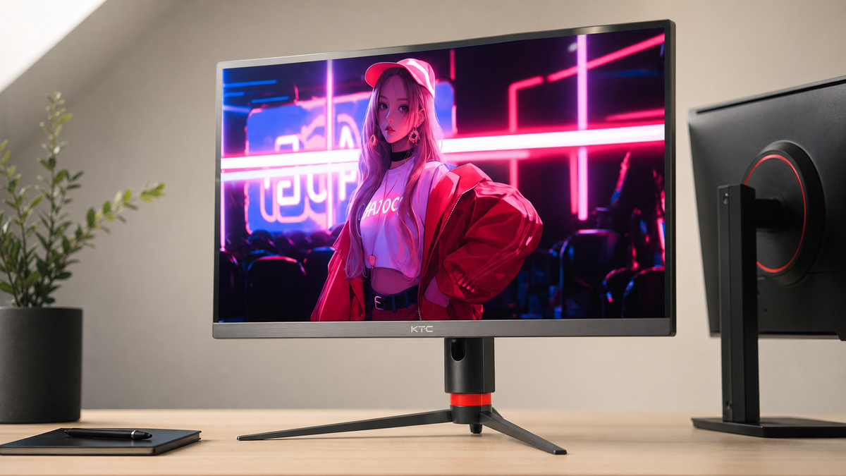 KTC monitor with fully laminated panel displaying a vivid high-contrast image on a clean desk, showing how lamination brings the image close to the glass surface