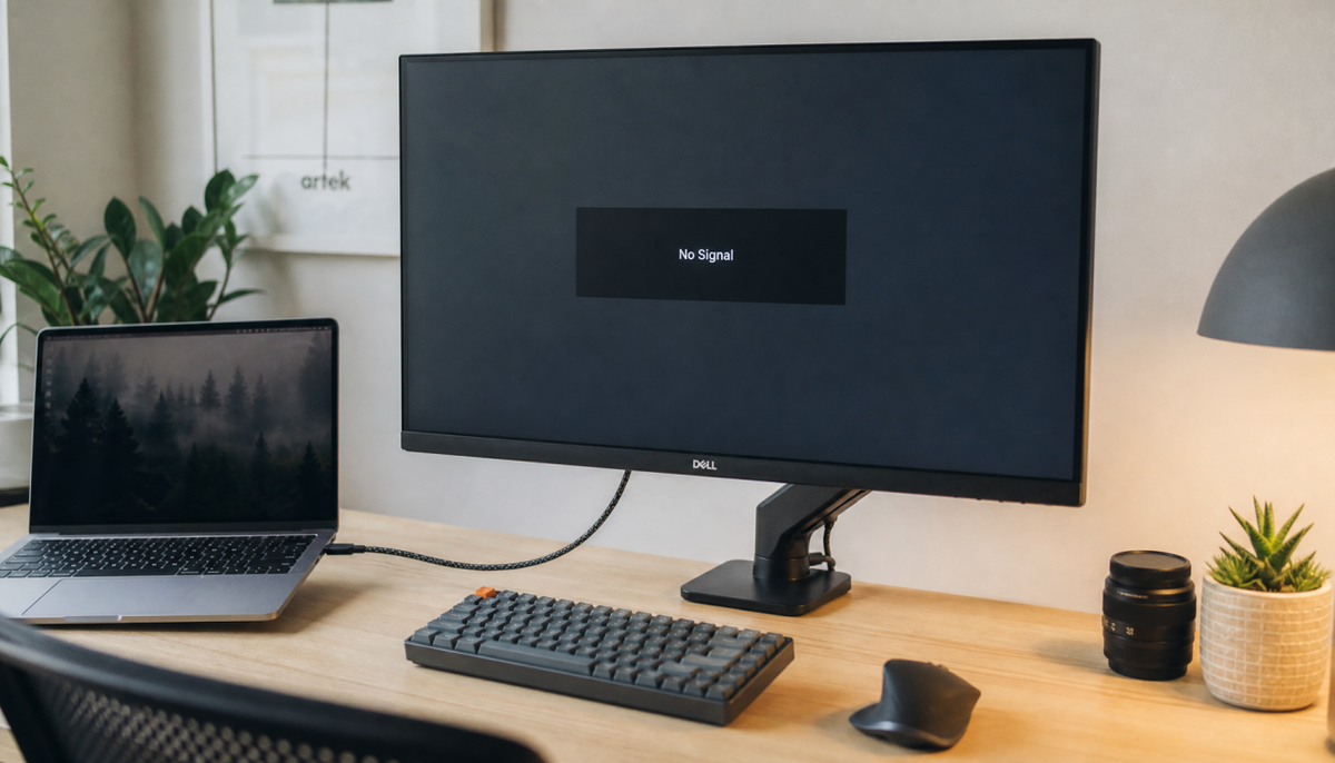 Laptop charging through a USB-C cable while a connected monitor shows no signal on a clean office desk