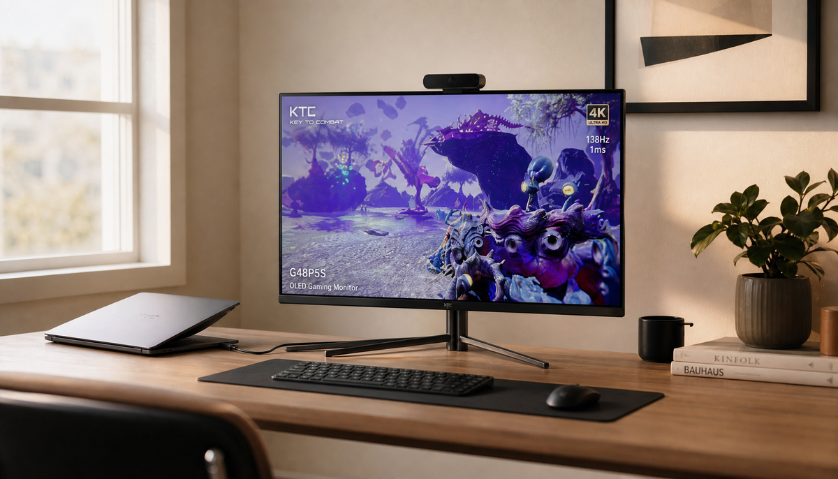 Laptop connected to USB-C monitor with a single cable on a minimal desk setup