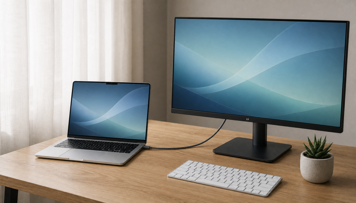 Laptop connected to a 27-inch monitor with a single USB-C cable on a clean home office desk
