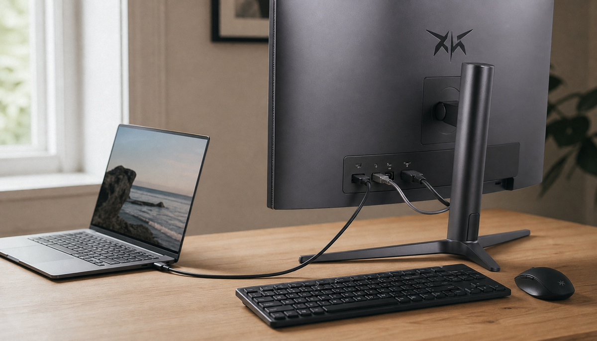 Laptop connected to a USB-C monitor acting as a docking station, with keyboard, mouse, and Ethernet cable all plugged into the display